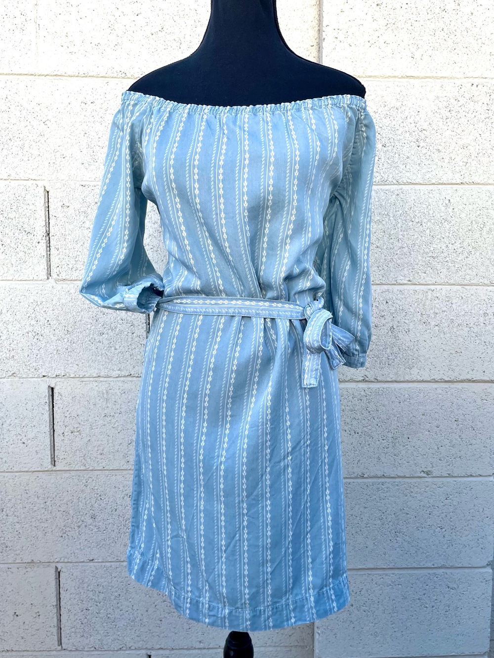 PAIGE Denim Dress Small Light Blue Vine Stripe Off Shoulder Belted Prairie Tunic